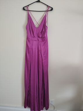 NWT Fashion Nova Satin Wide Leg Plunge Jumpsuit Magenta Pink Size M